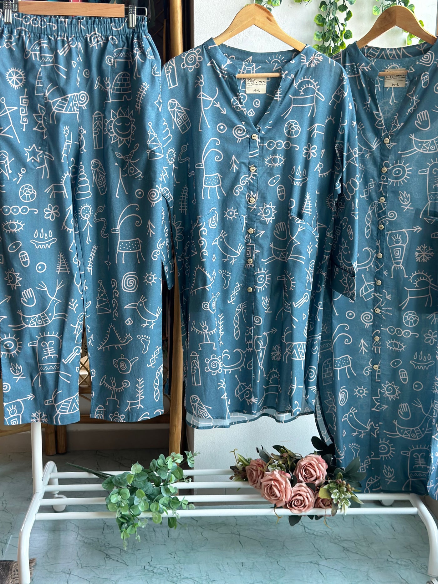 Muted Blue Myra Co-ord Kurta Set in In our cave Pattern