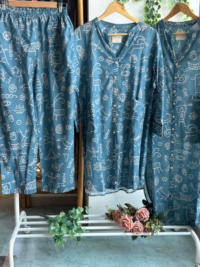 Muted Blue Myra Co-ord Kurta Set in In our cave Pattern