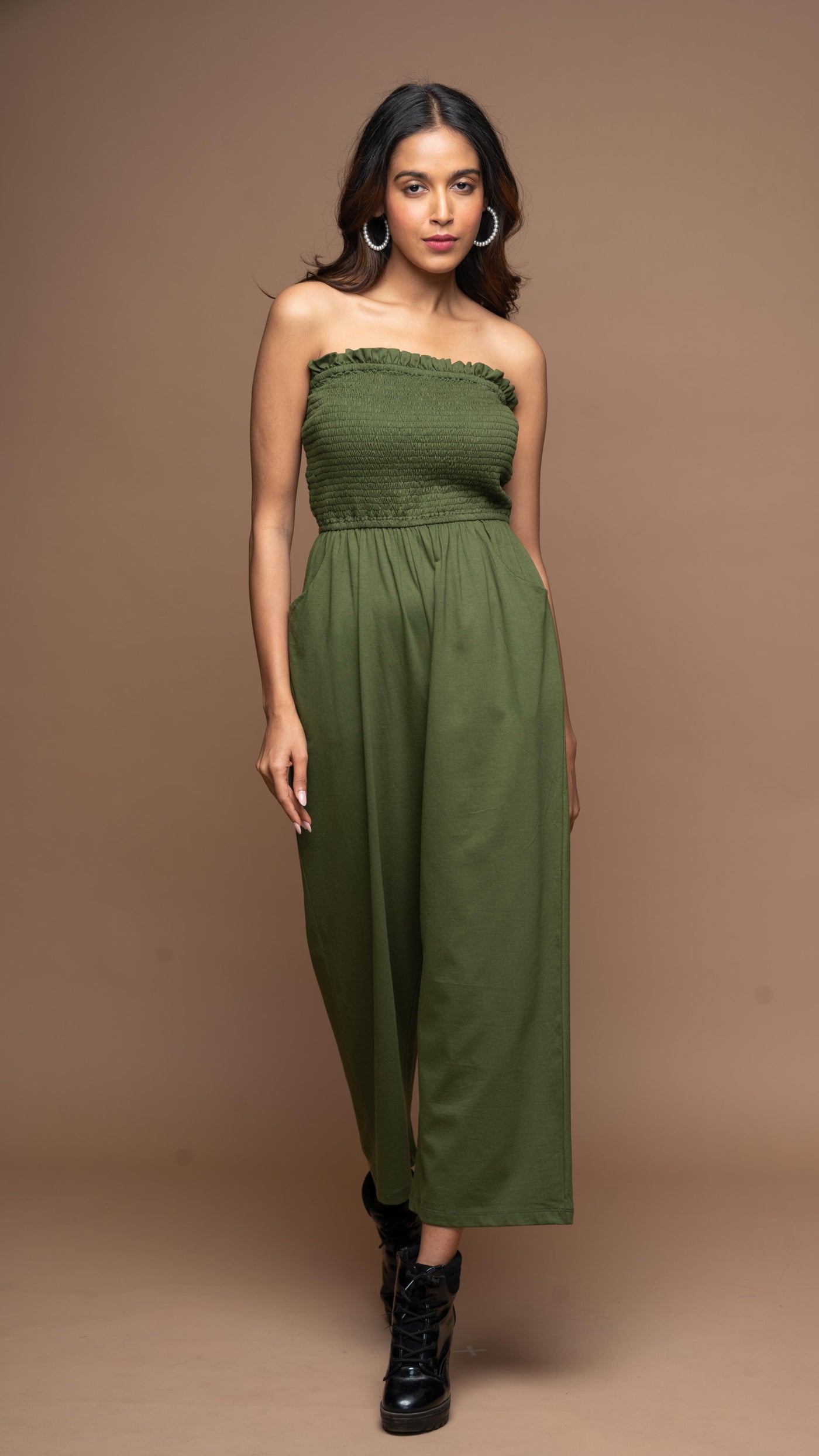 Strapless Vibe Jumpsuit in Olive Green