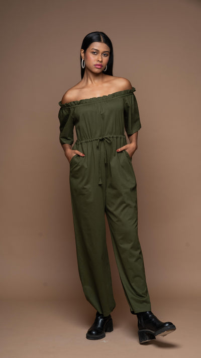 Off-Shoulder Charm Jumpsuit in Olive Green