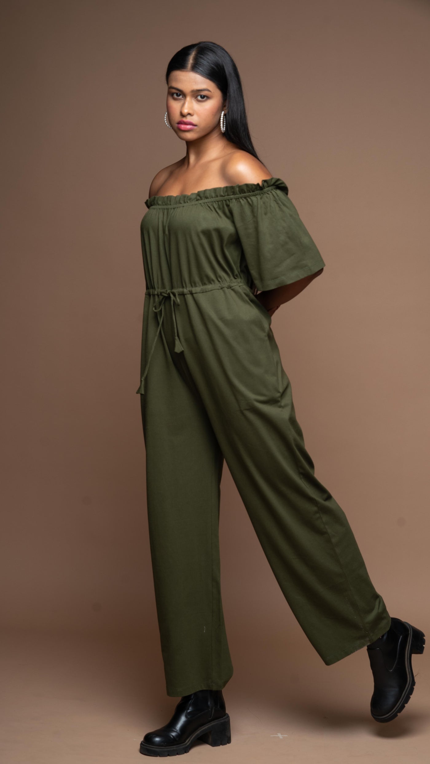 Off-Shoulder Charm Jumpsuit in Olive Green