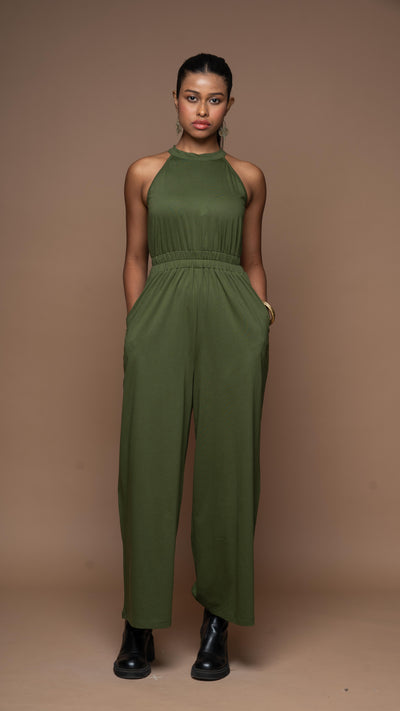 Glam Halter Jumpsuit in Olive Green