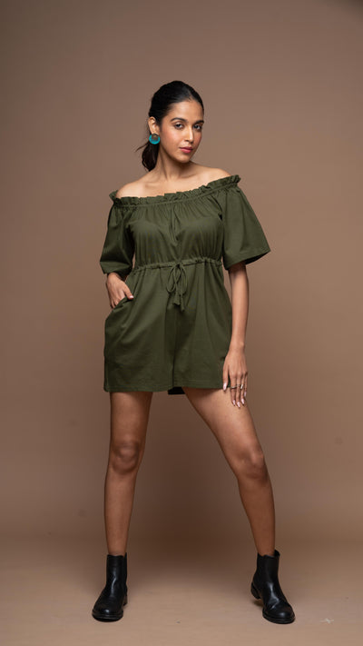 Off-Shoulder Charm Jumpsuit in Olive Green