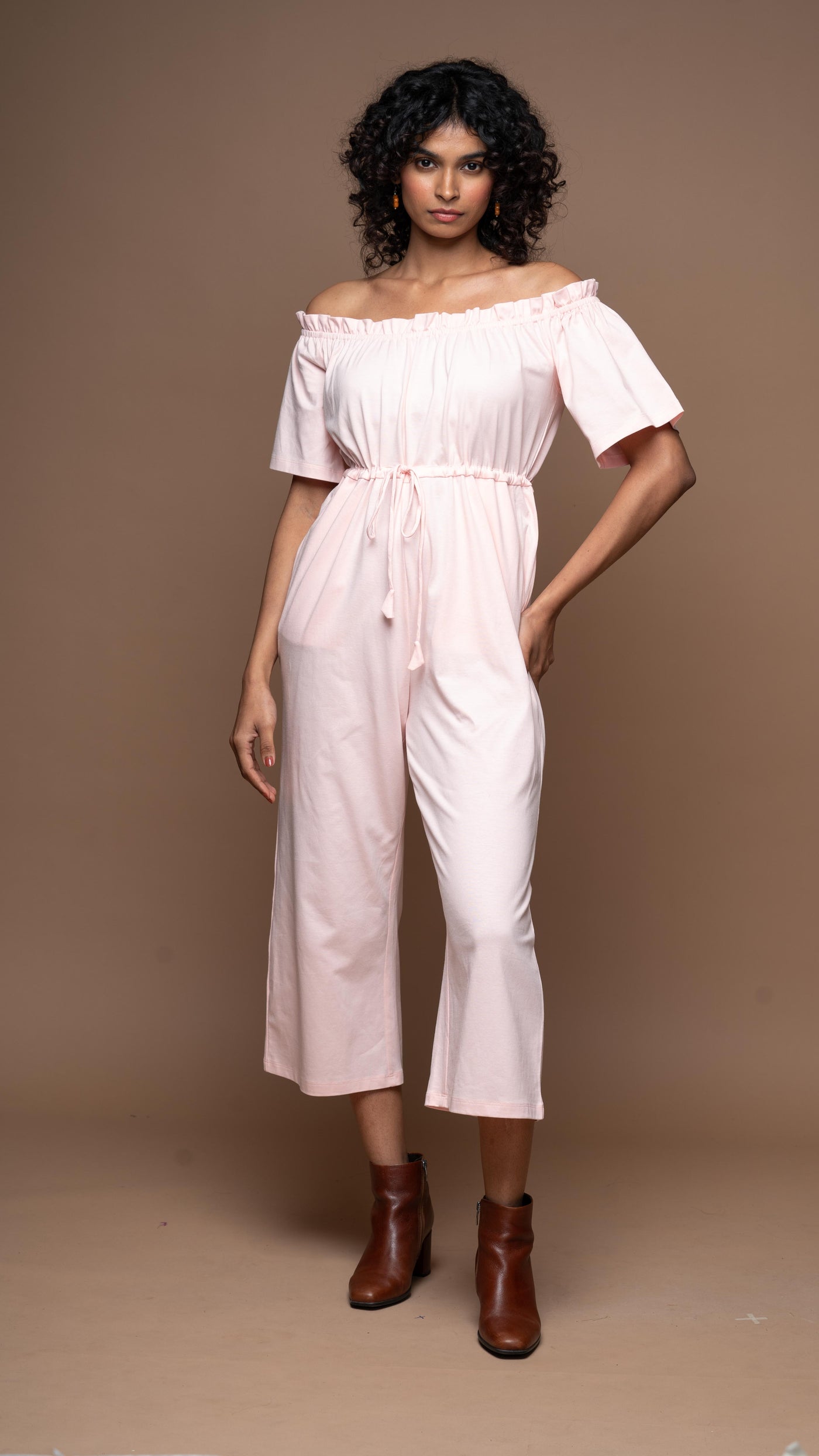 Off-Shoulder Charm Jumpsuit in Soft Pink