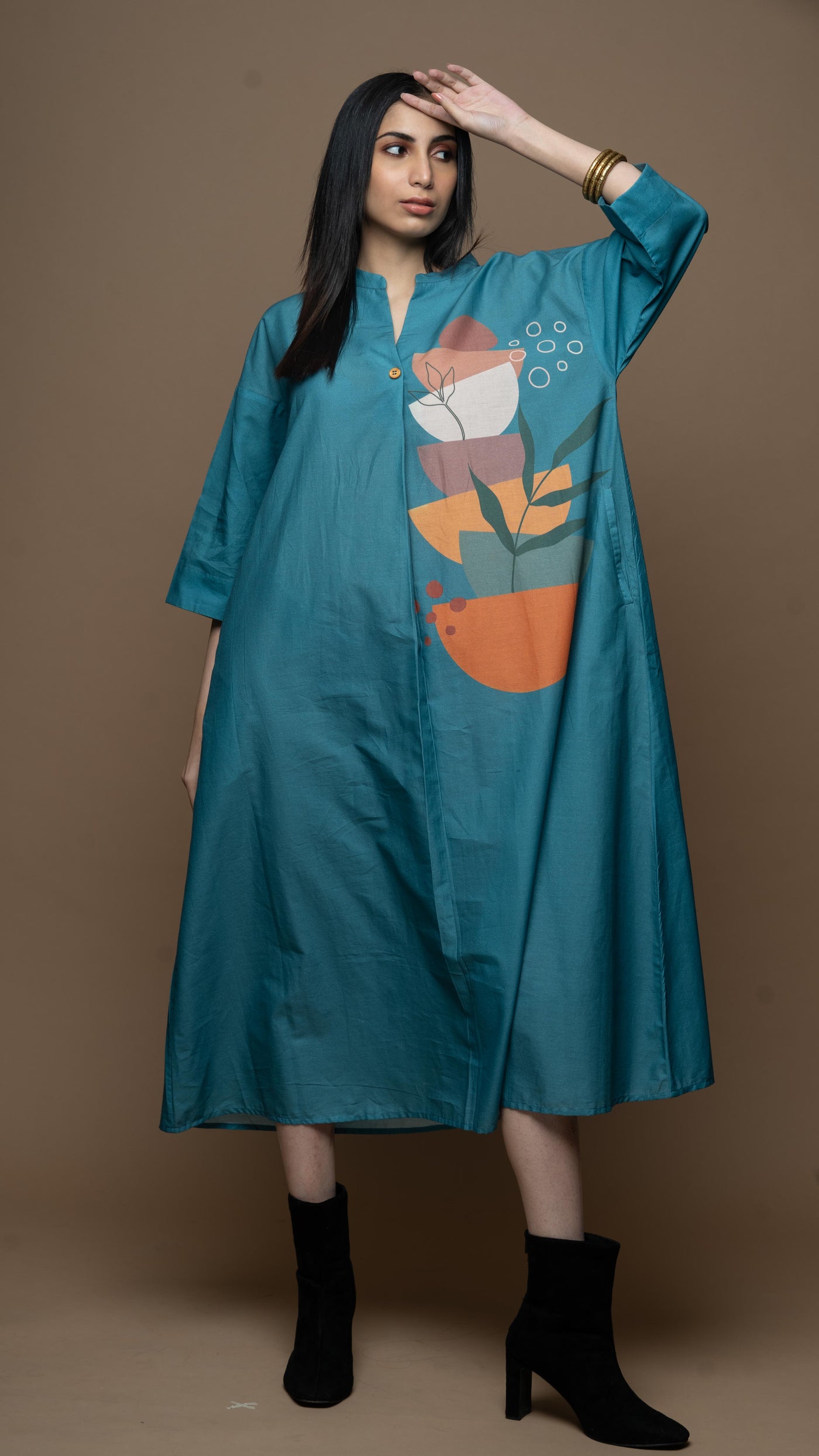 Dusky Blue Semicircle Stacks Shirt Dress