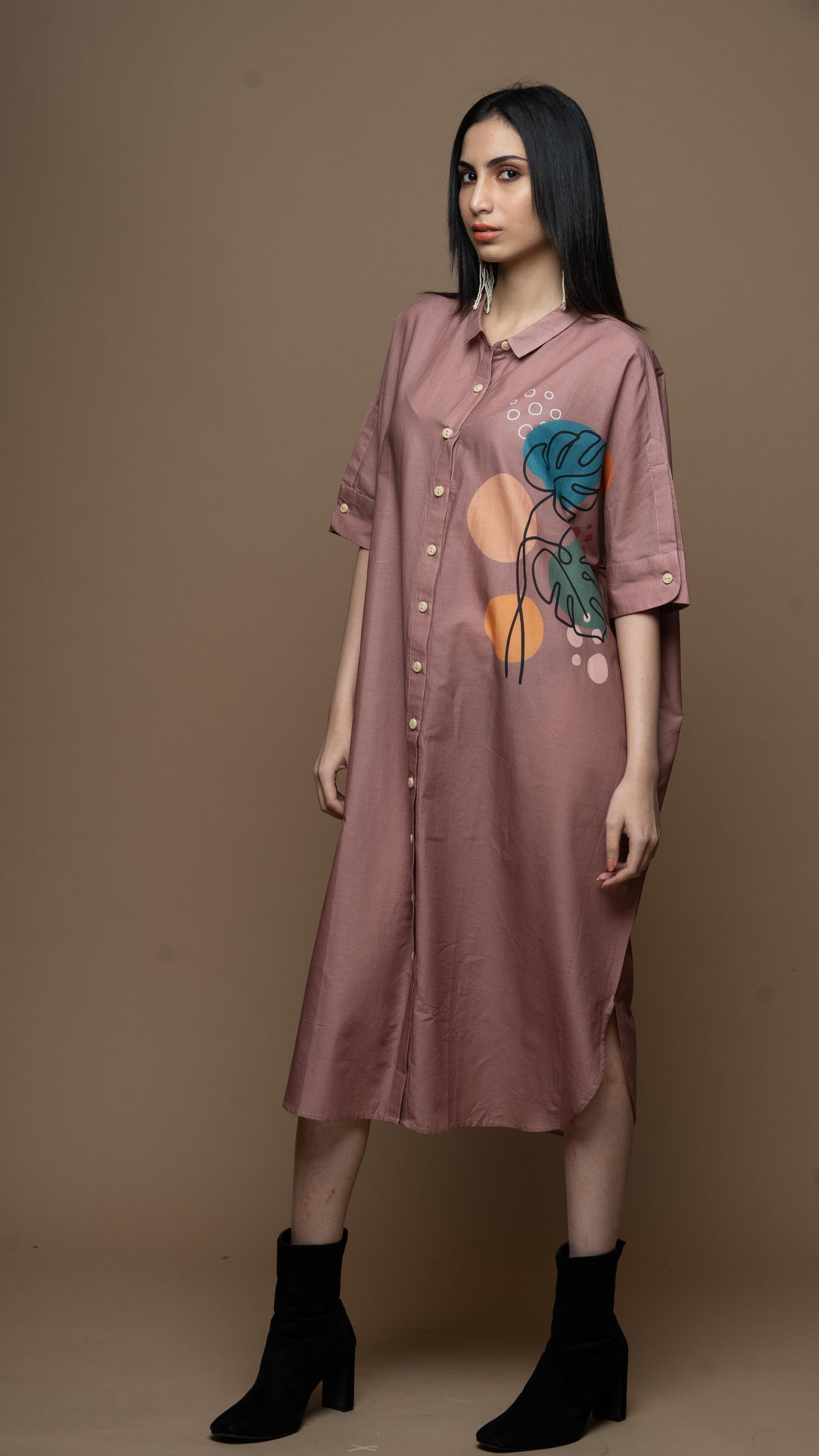 Muted Mauve Leafy Loft Shirt Dress