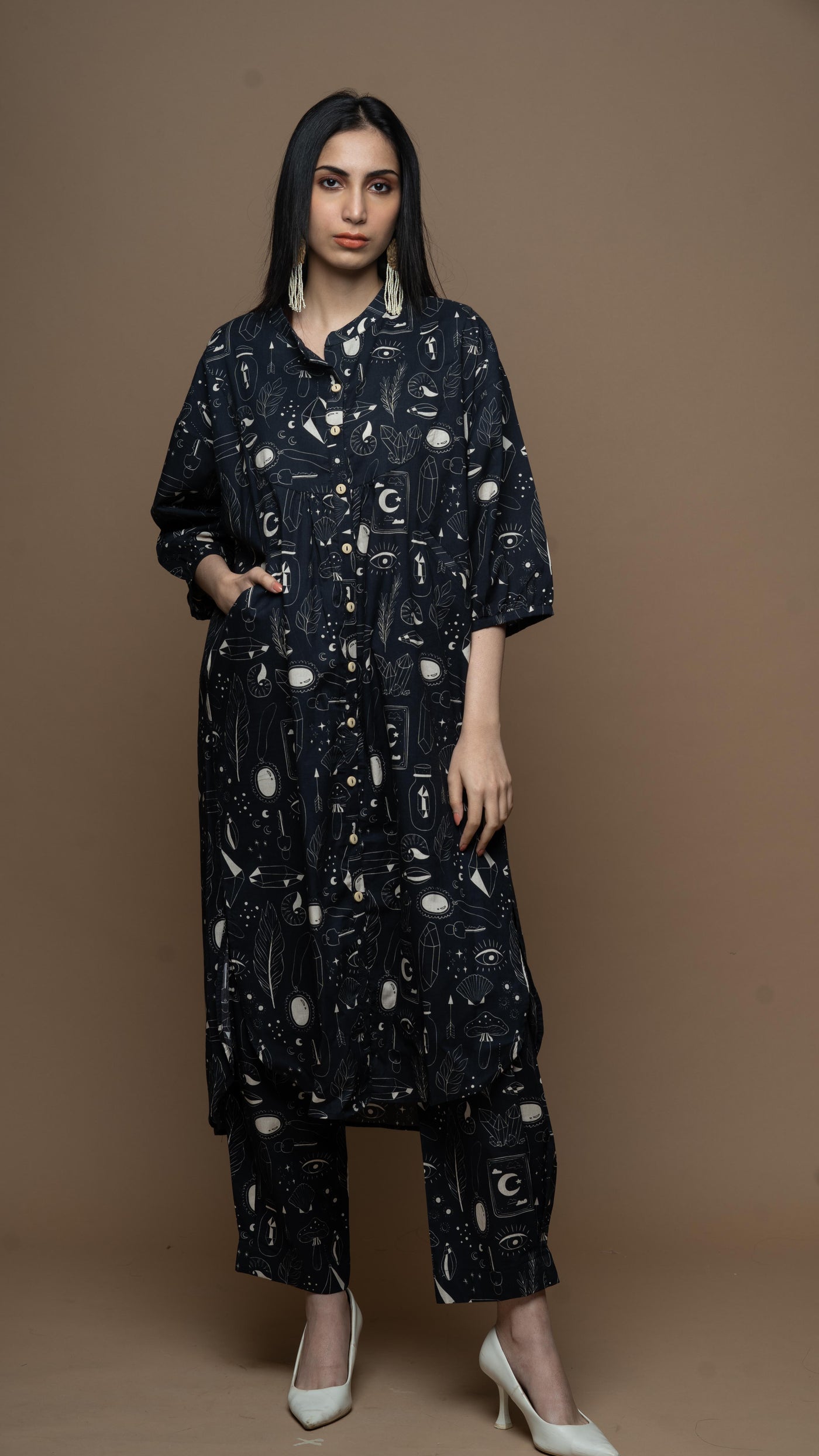 Black Solace Co-ord Kurta Set in Unlock Wonderland Pattern