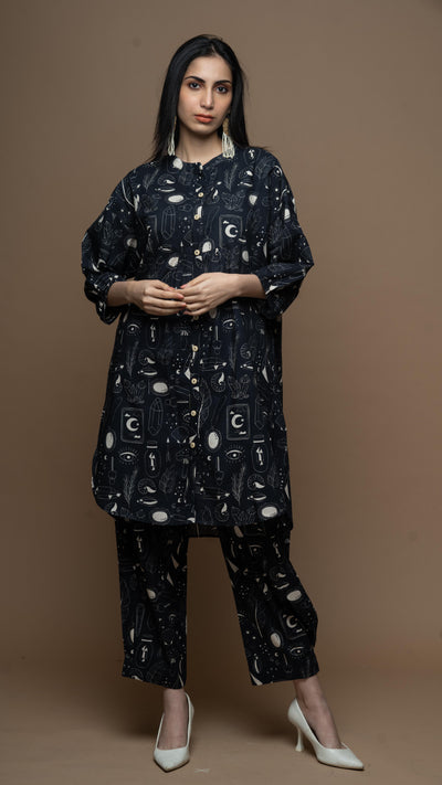 Black Solace Co-ord Kurta Set in Unlock Wonderland Pattern