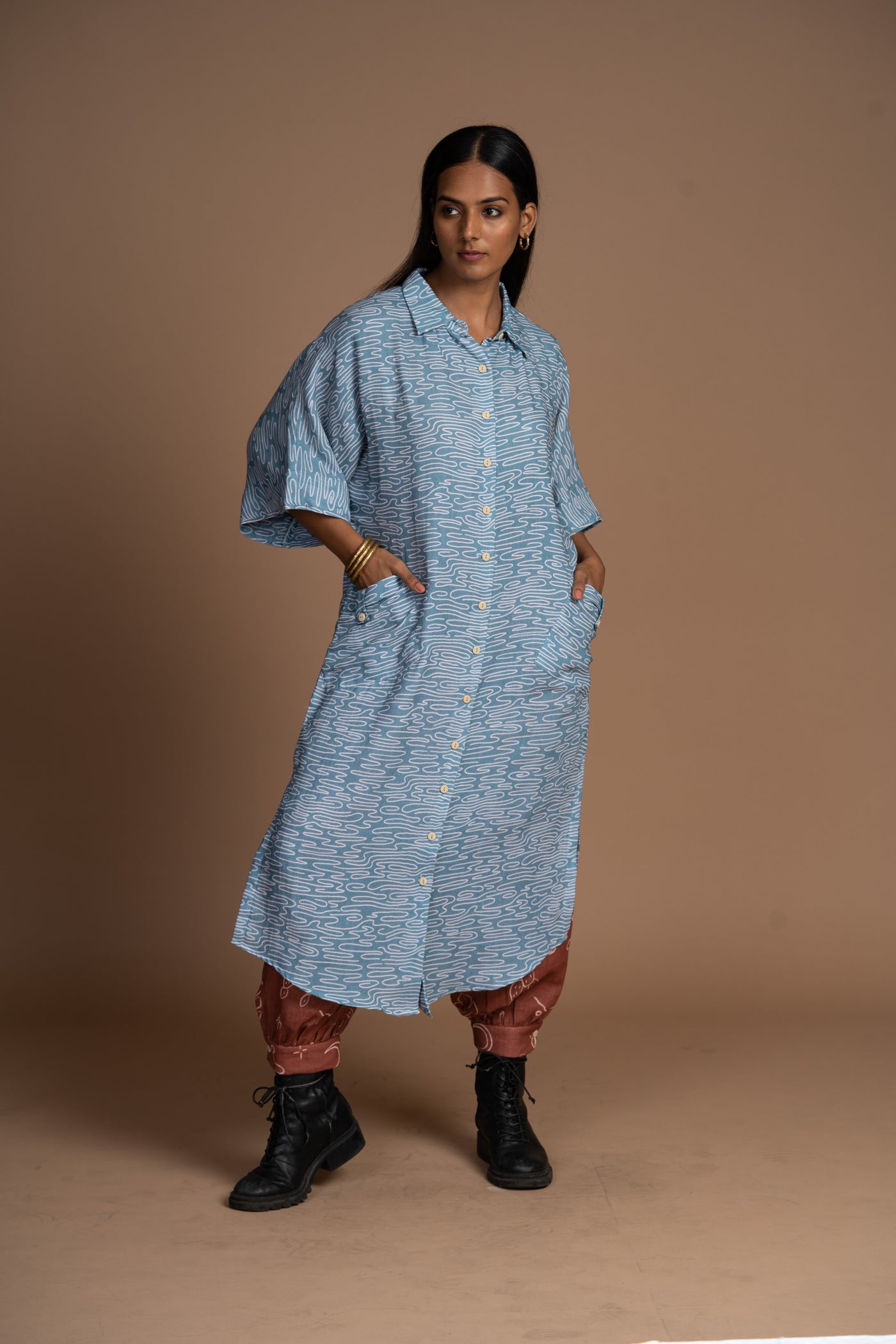 Dusty Blue Zena Kurta in Road not taken Pattern