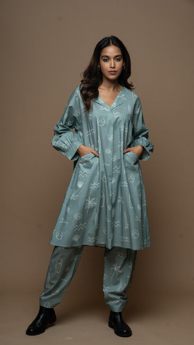 Sage Sana Co-ord Kurta Set in Sound of the sea shells Pattern