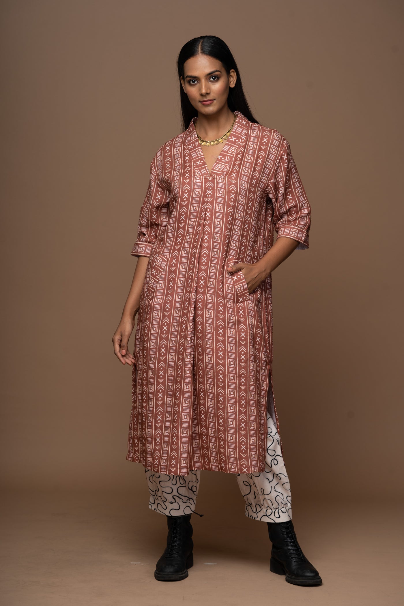 Rust Luma Kurta in Geometry Calling Pattern