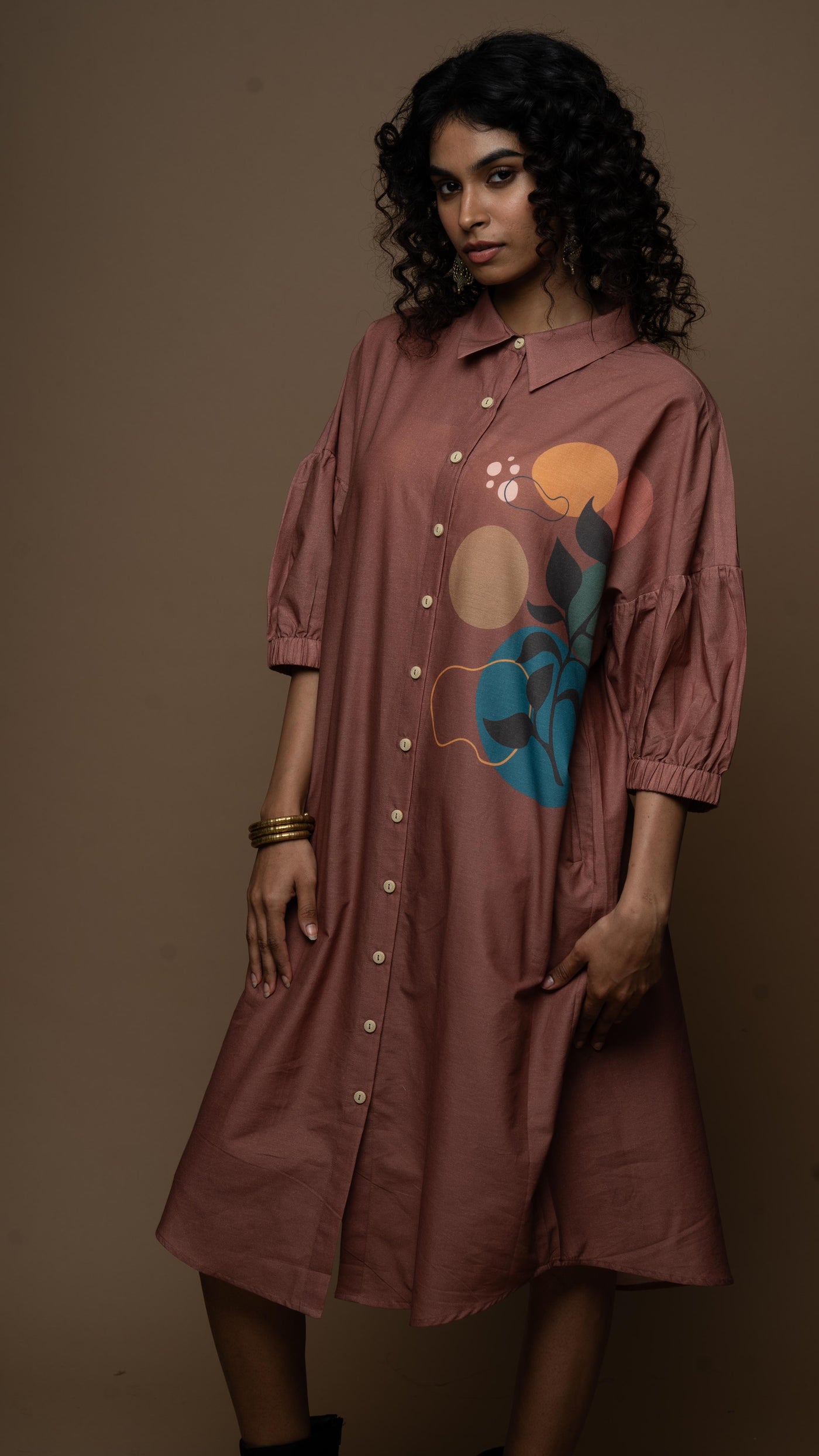 Muted Desert Rose Mystic Leaf Shirt Dress