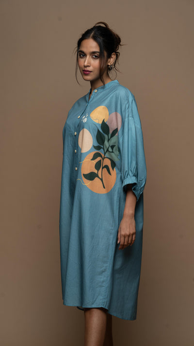 Dusky Blue Mystic Leaf Shirt Dress