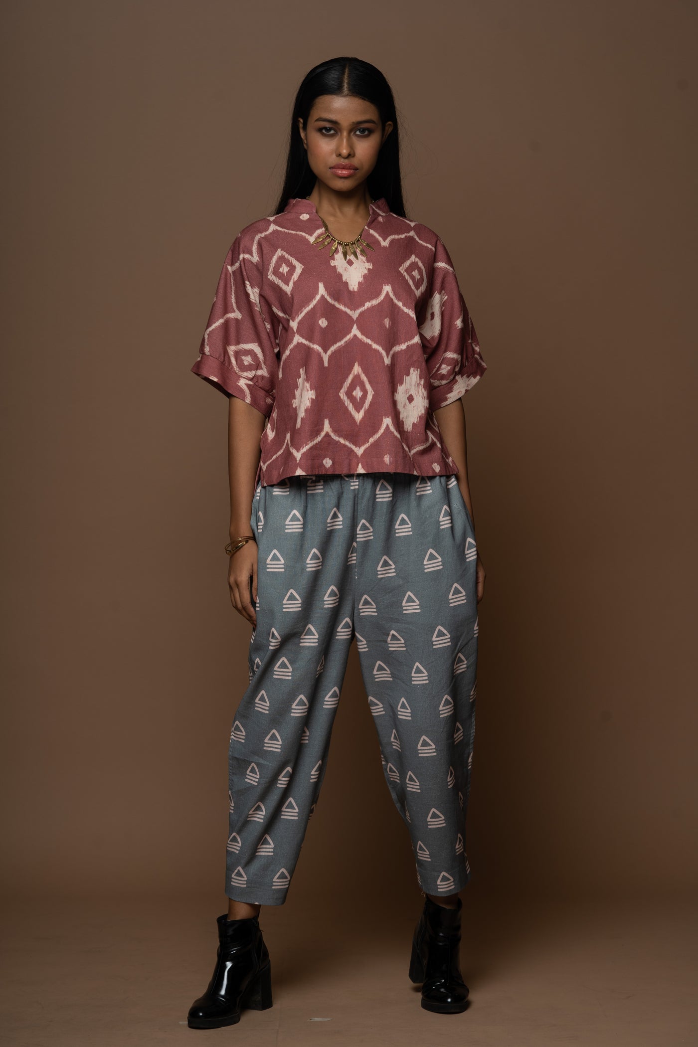 Buttoned Hem Pants in Leading Together Pattern