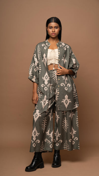 Olive Green Harmony Co-ord Pants Set in Bohemian Reflection Pattern