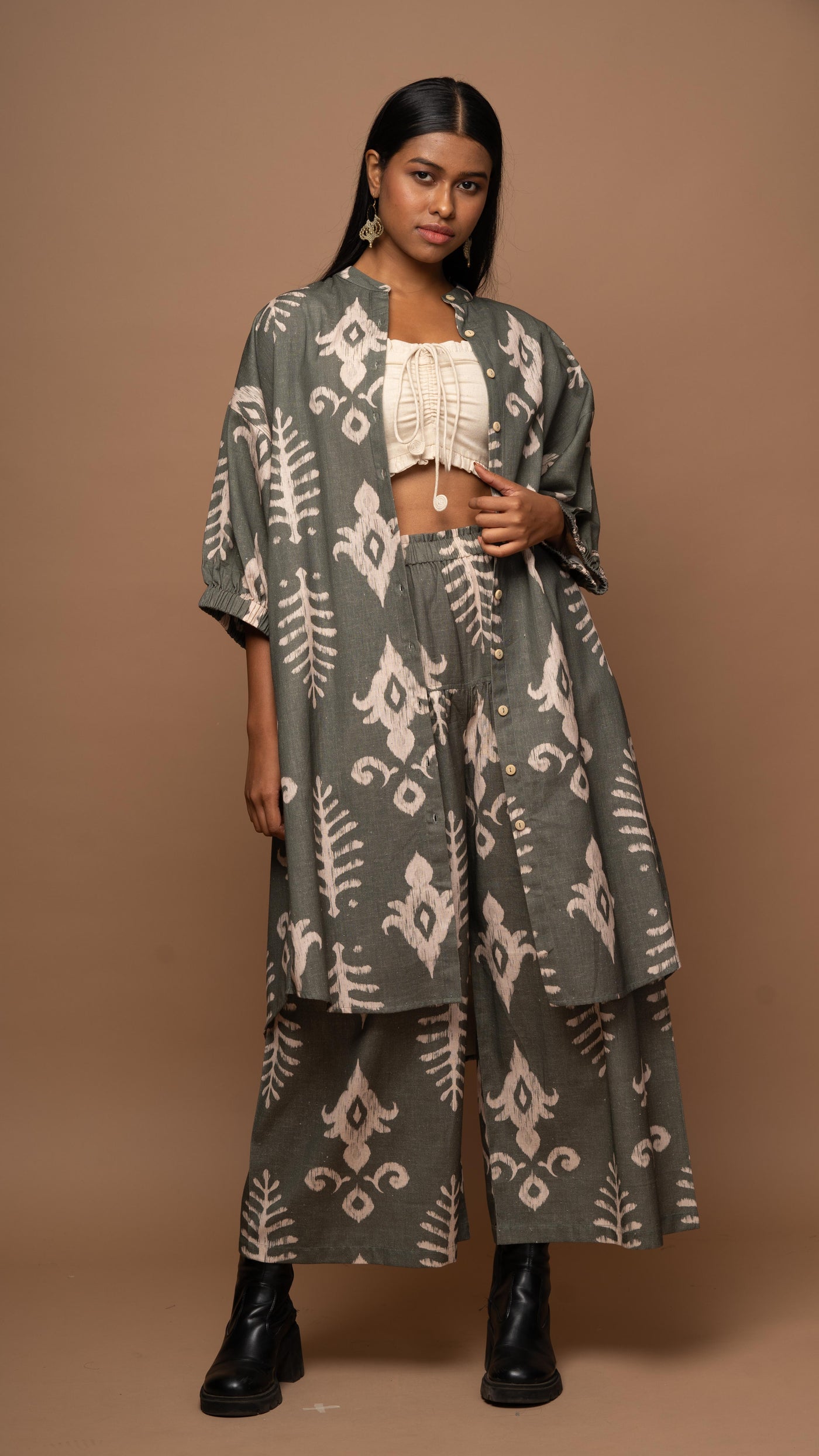 Olive Green Harmony Co-ord Pants Set in Bohemian Reflection Pattern