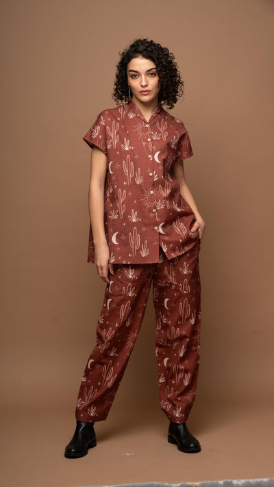 Deep Rust Whimsy Co-ord Pants Set in Siesta in the desert Pattern