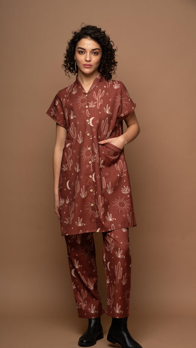 Deep Rust Whimsy Co-ord Pants Set in Siesta in the desert Pattern