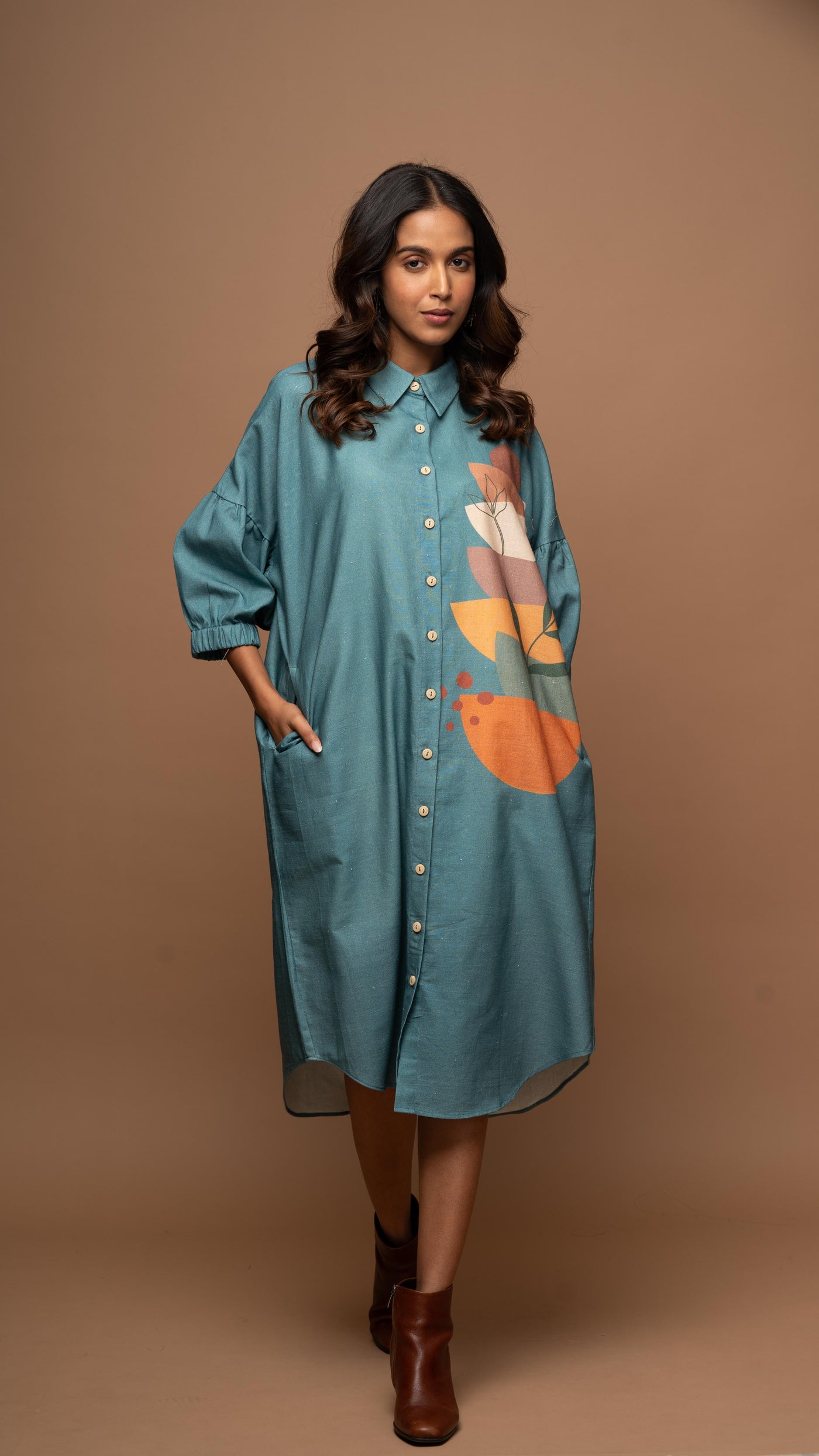 Muted Blue Semicircle Stacks Shirt Dress