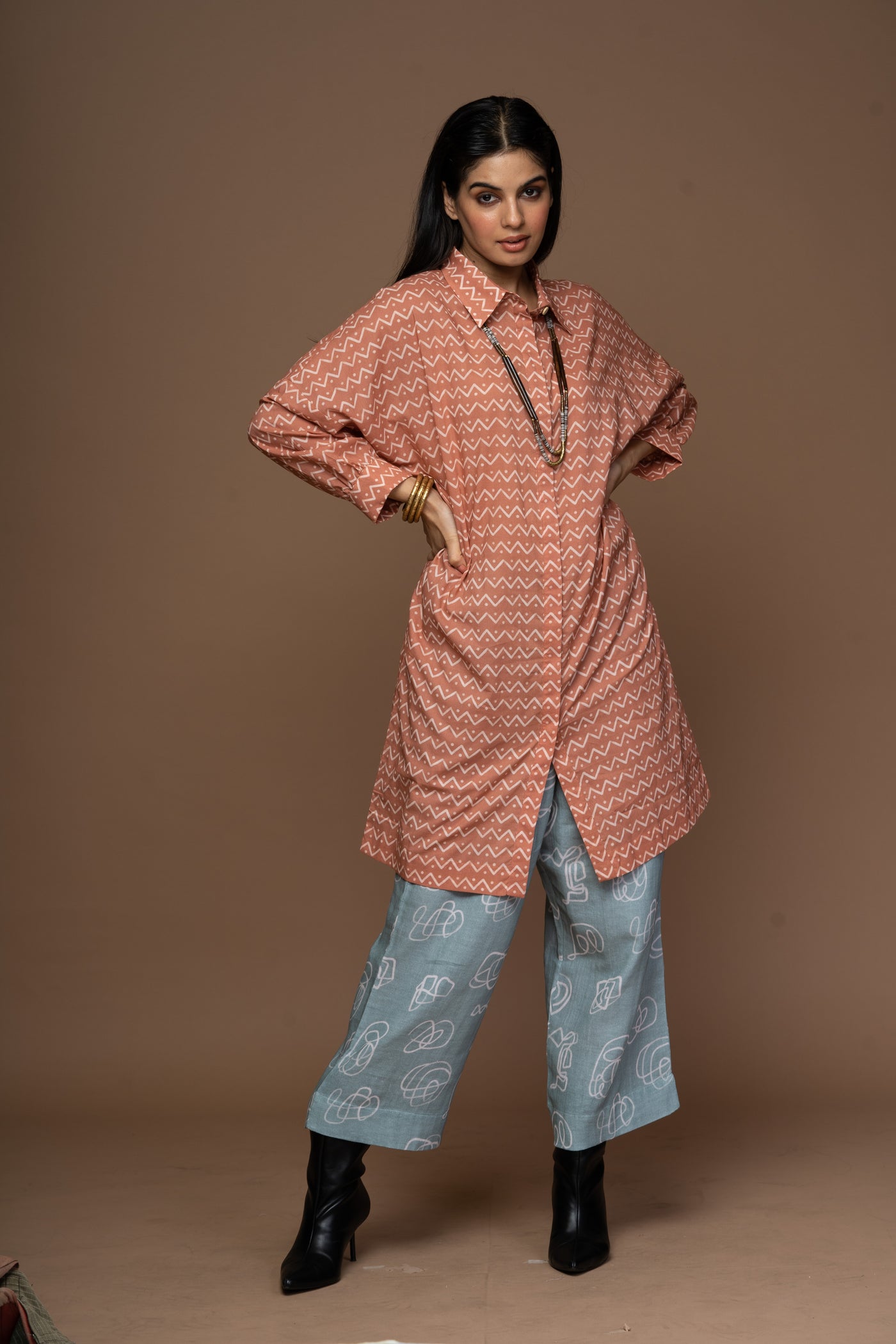 Terracotta Saga Kurta in Zig Zag and Back Pattern