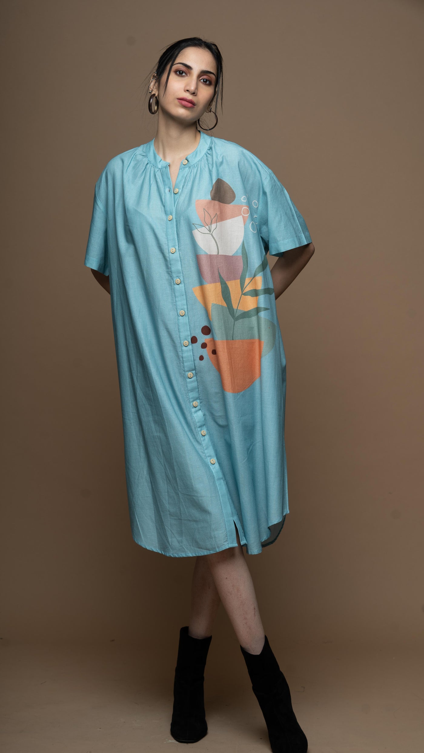 Soft Blue Semicircle Stacks Shirt Dress