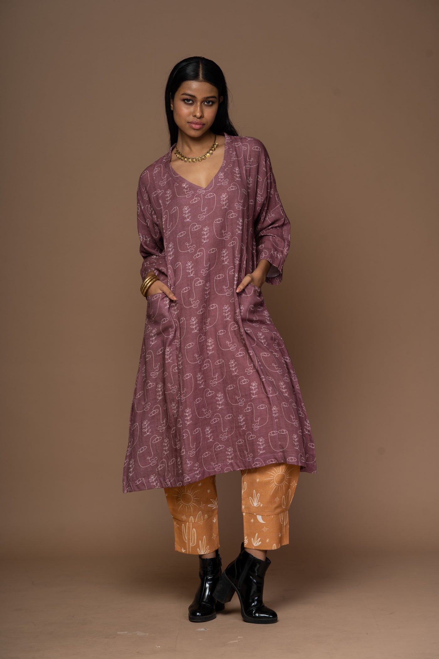 Mauve Lana Kurta in Growing thoughts Pattern