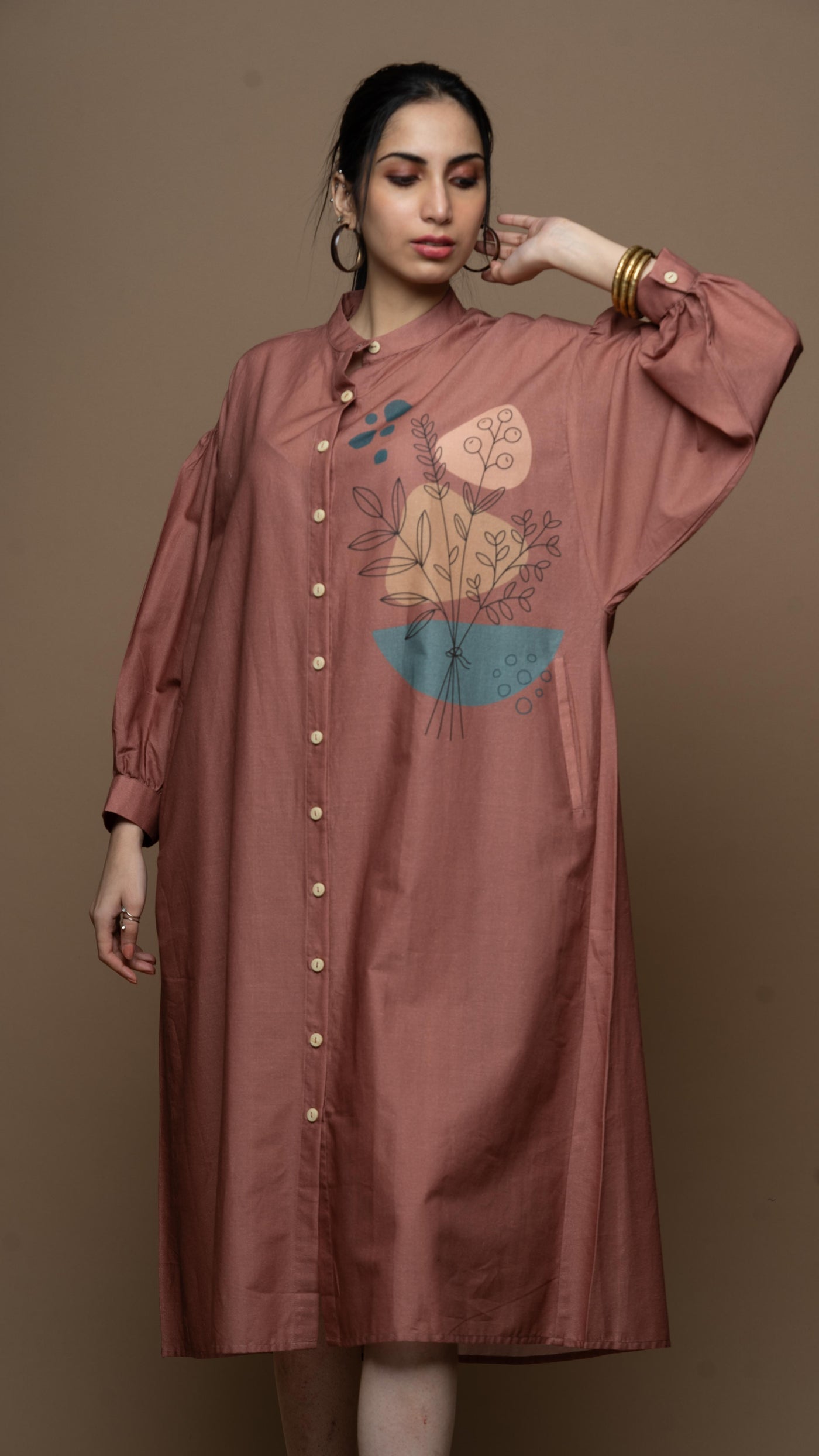 Muted Desert Rose Leafy Elegance Shirt Dress