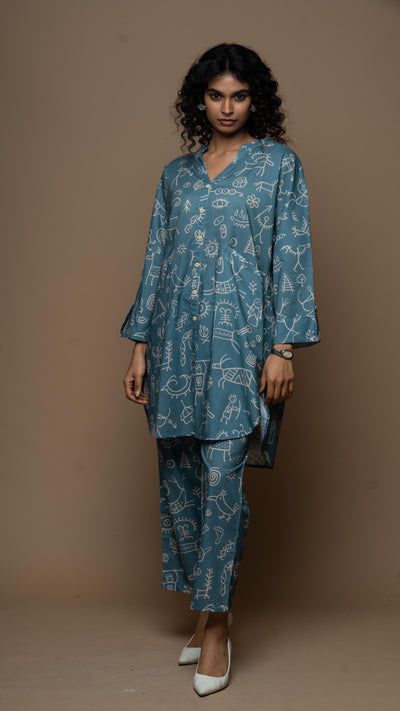 Muted Blue Myra Co-ord Kurta Set in In our cave Pattern