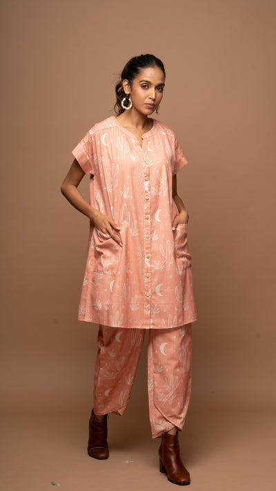 Peach Tranquil Co-ord Pants Set in Siesta in the desert Pattern