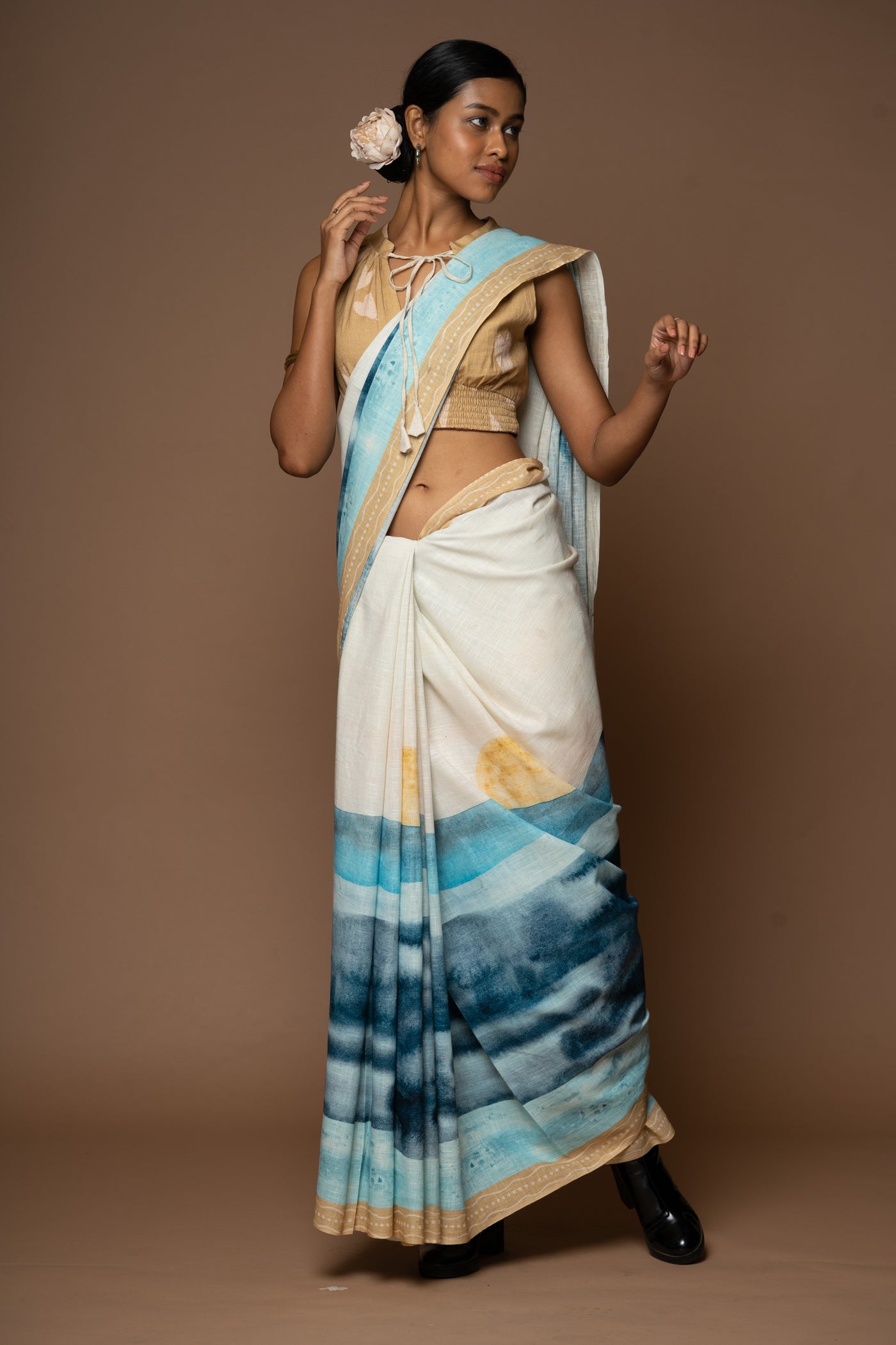 Sunlit Waves Linen Sari