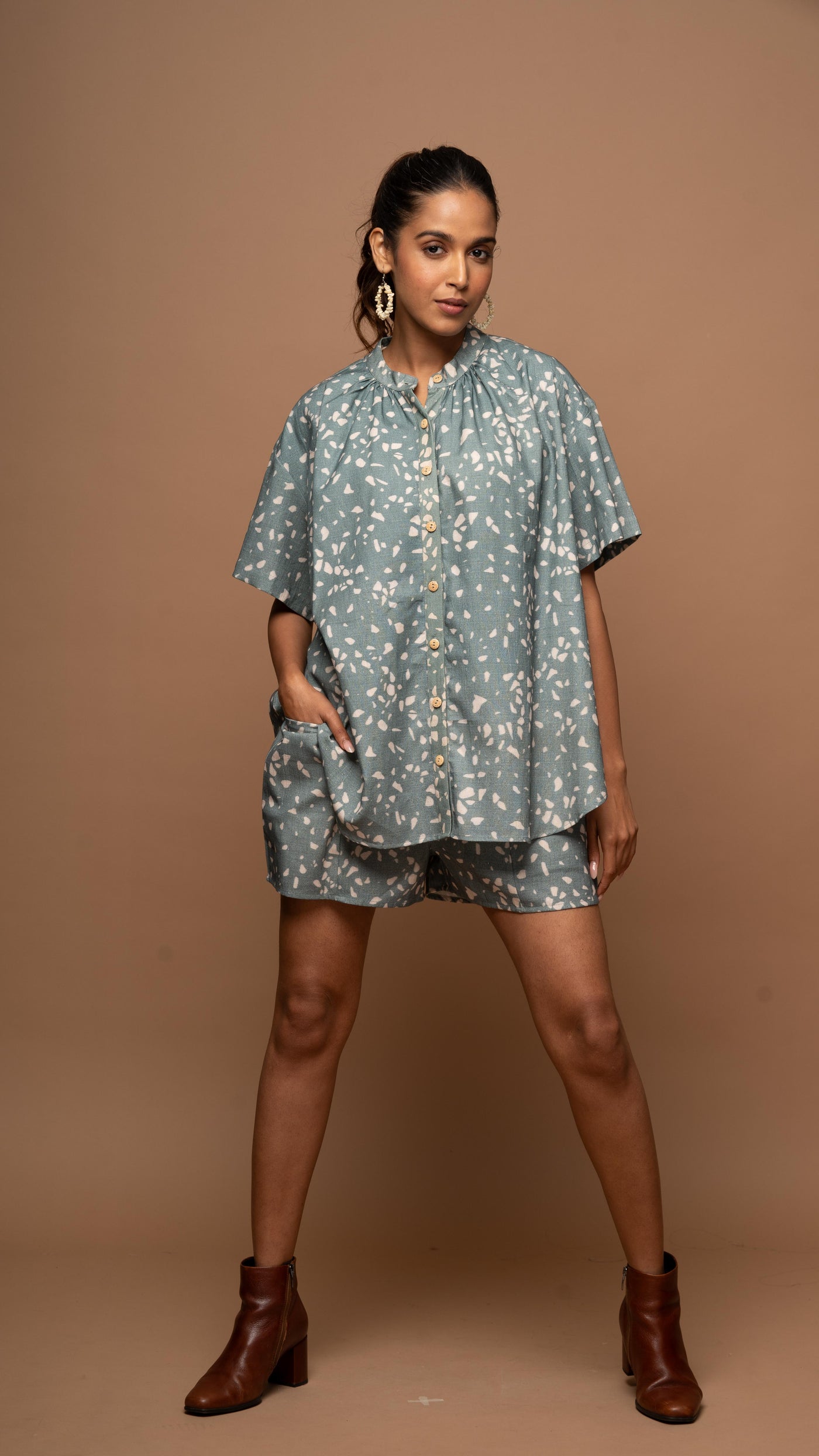 Dark Sage Zest Co-ord Shorts Set in Terrazzo Love Pattern