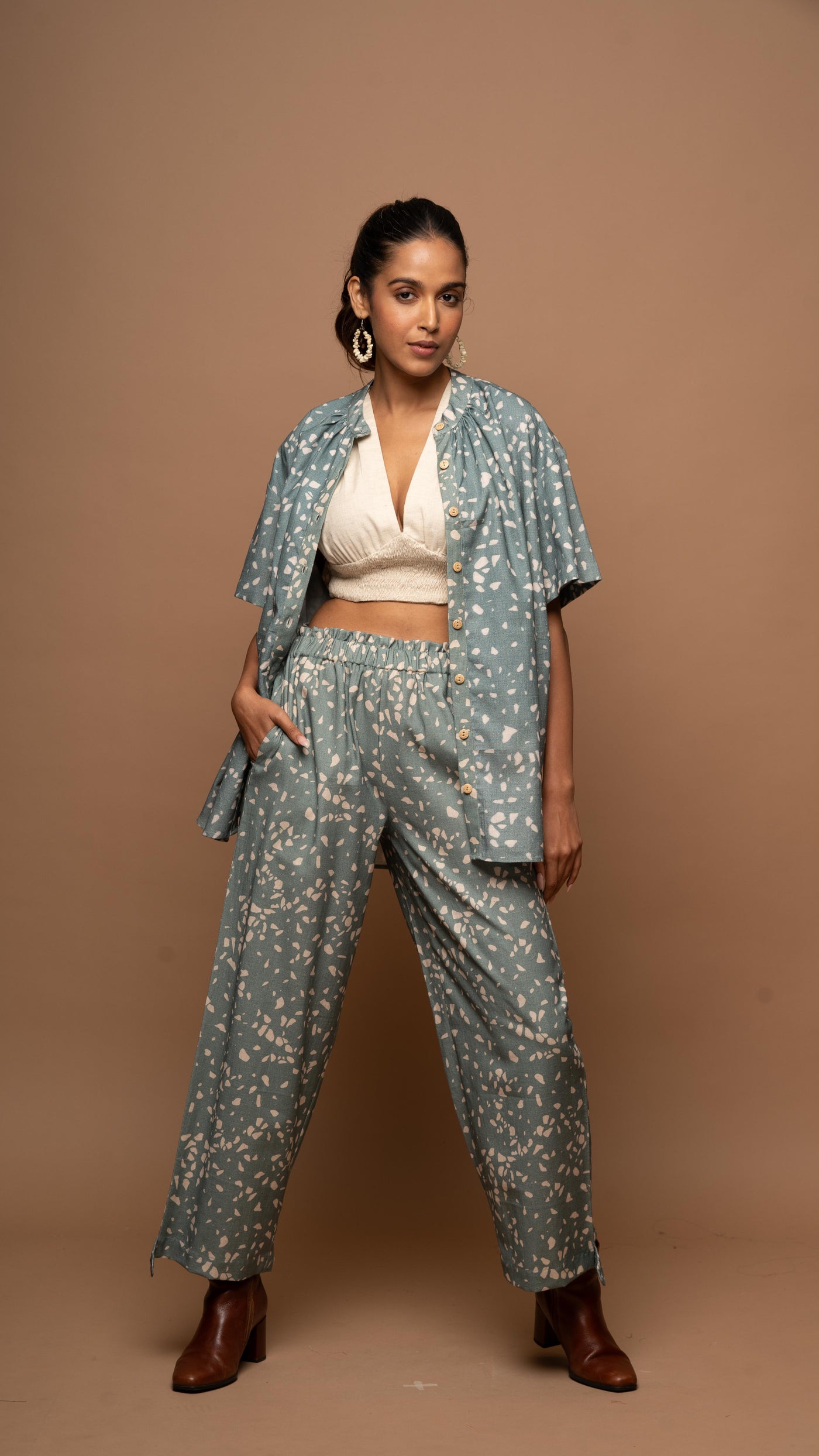 Dark Sage Zest Co-ord Pants Set in Terrazzo Love Pattern