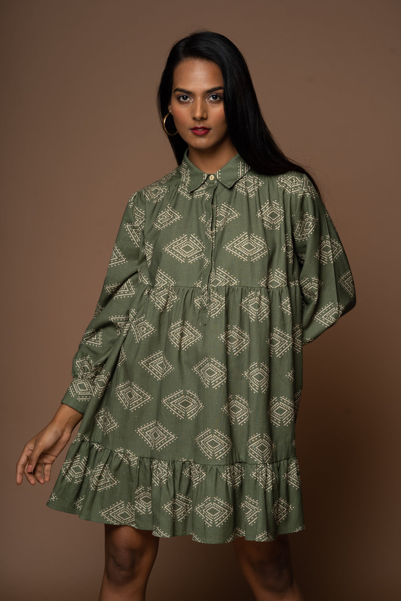 Collar Craze Short Boho Shirt Dress in Diamonds of Bohemia Pattern