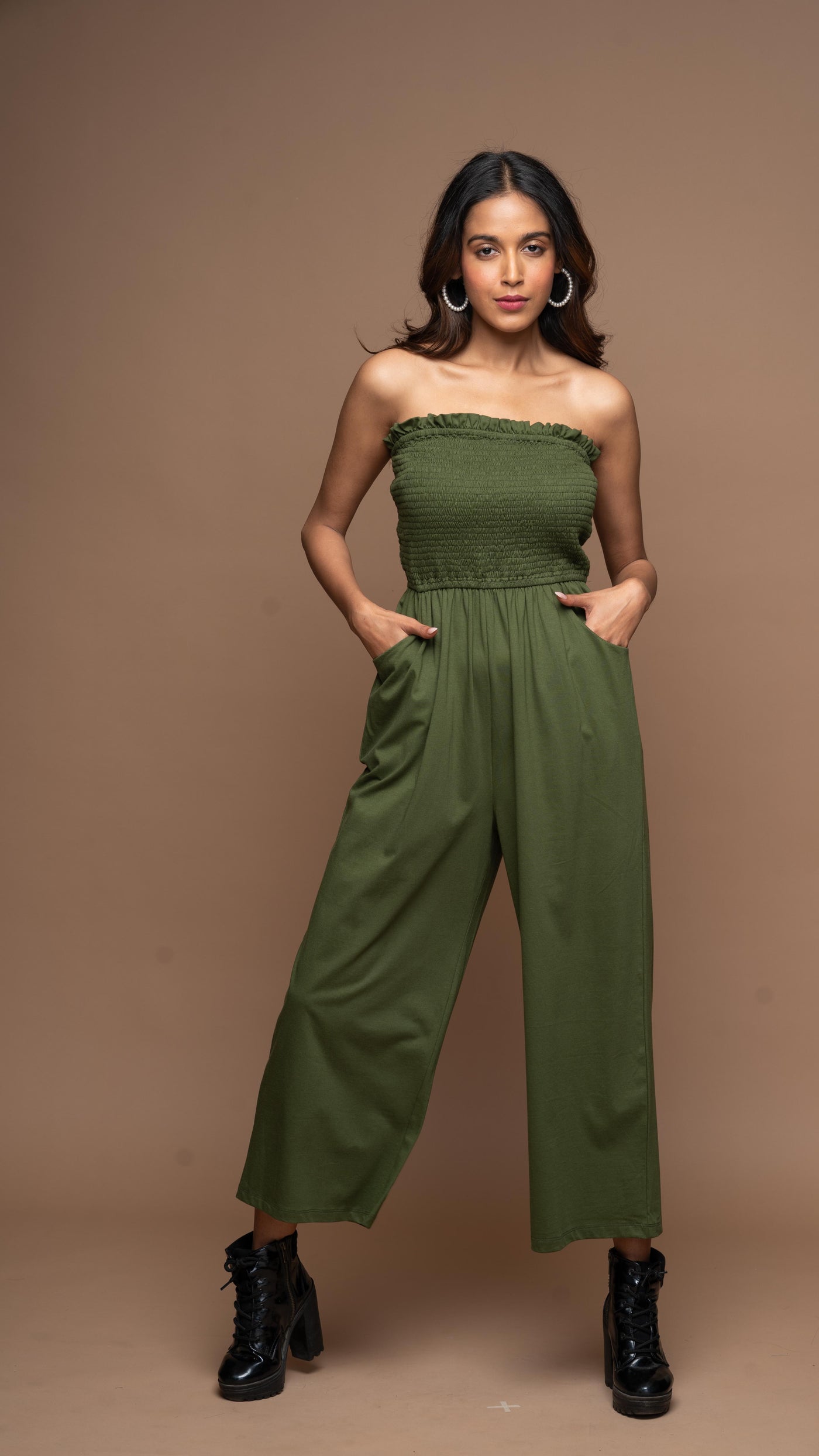 Strapless Vibe Jumpsuit in Olive Green