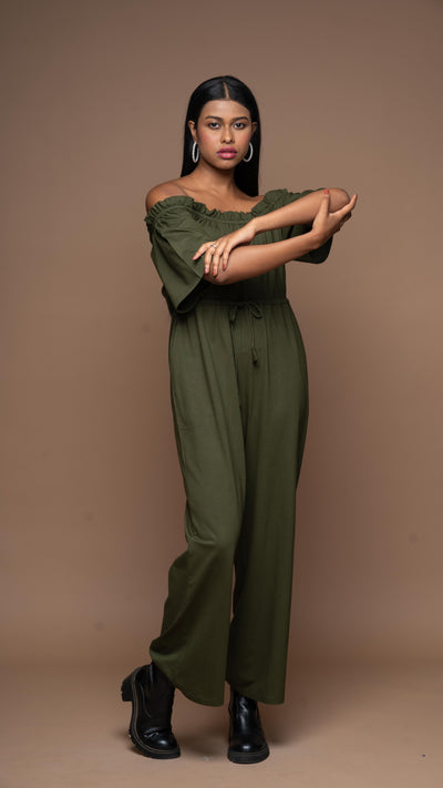 Off-Shoulder Charm Jumpsuit in Olive Green