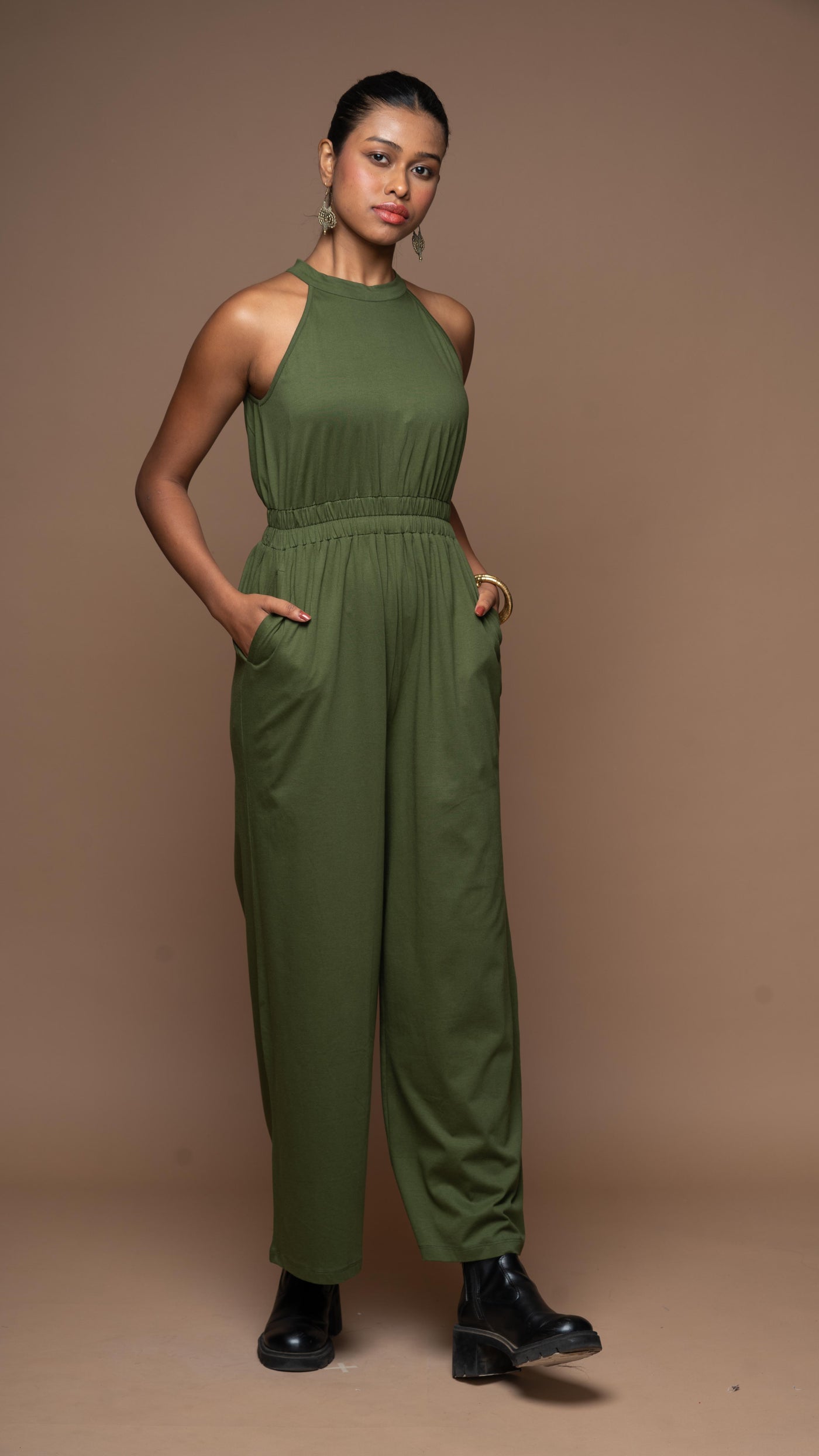 Glam Halter Jumpsuit in Olive Green