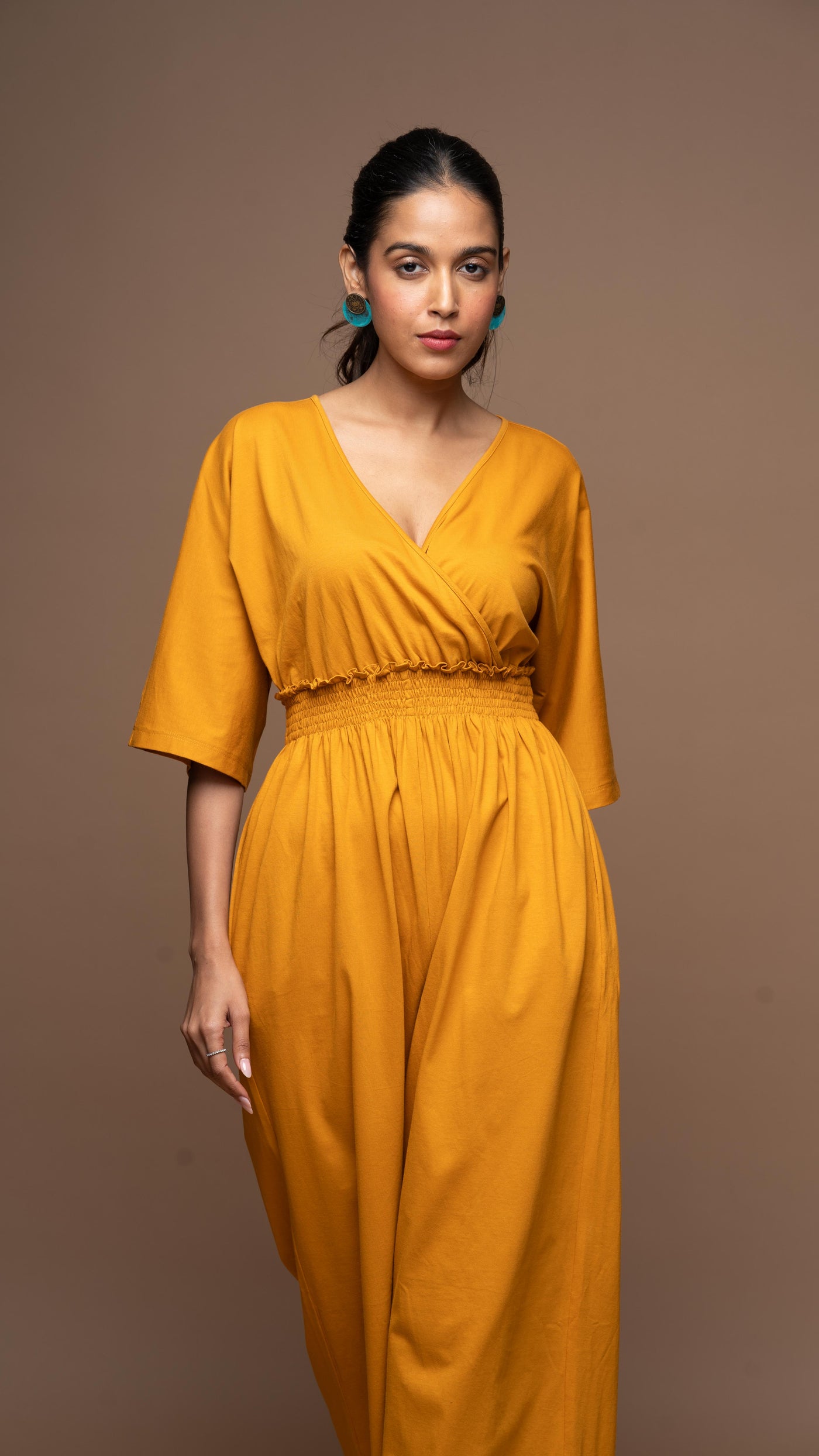 Crossover Charm Jumpsuit in Mustard