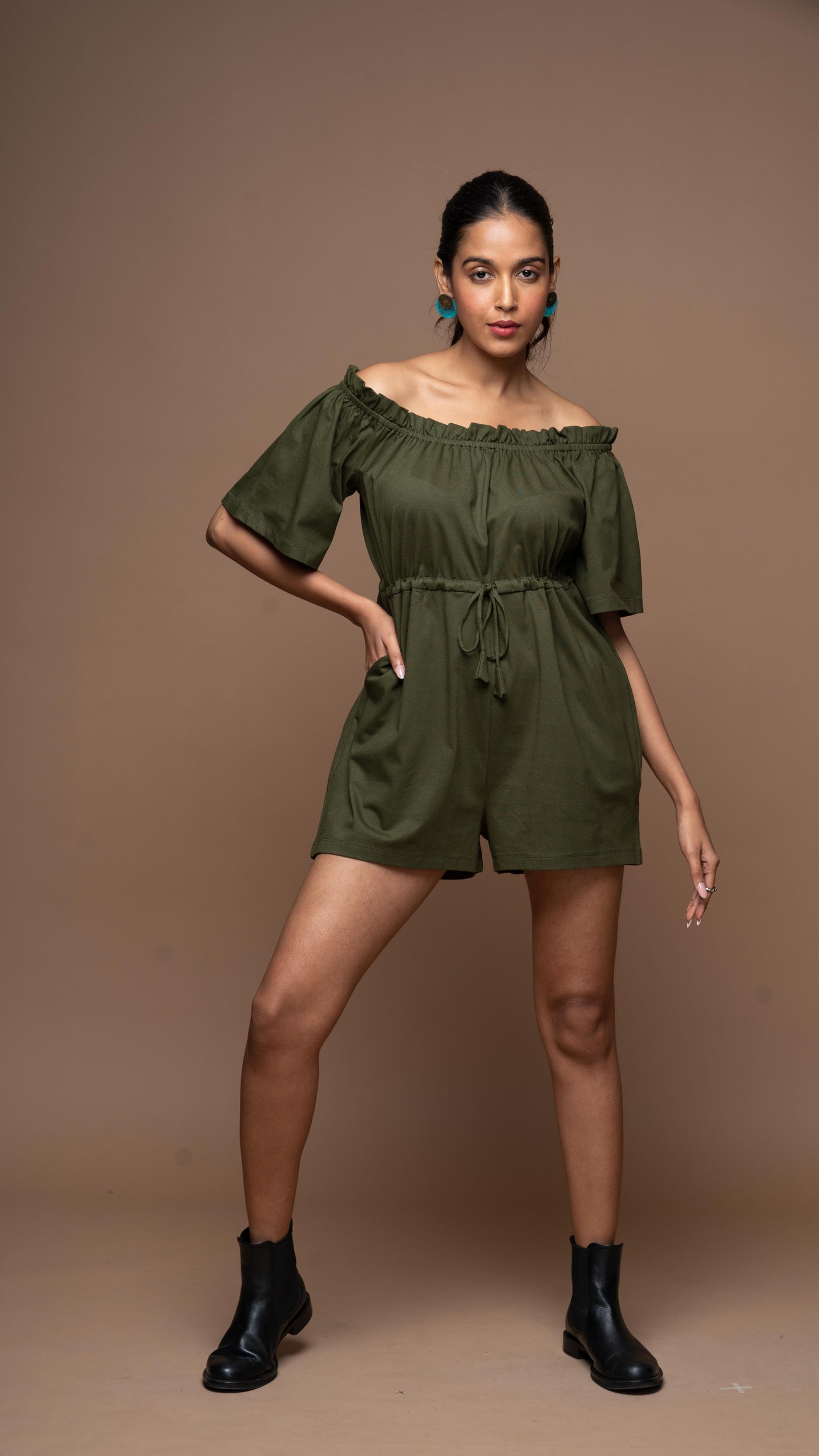 Off-Shoulder Charm Jumpsuit in Olive Green