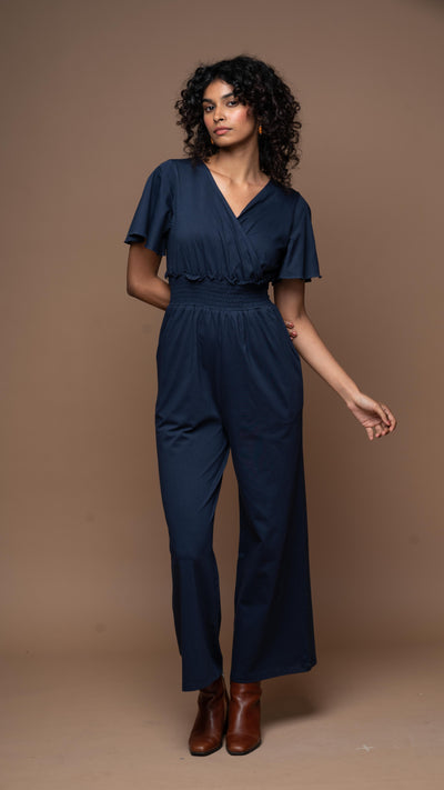 Chic Crossover Jumpsuit in Navy Blue