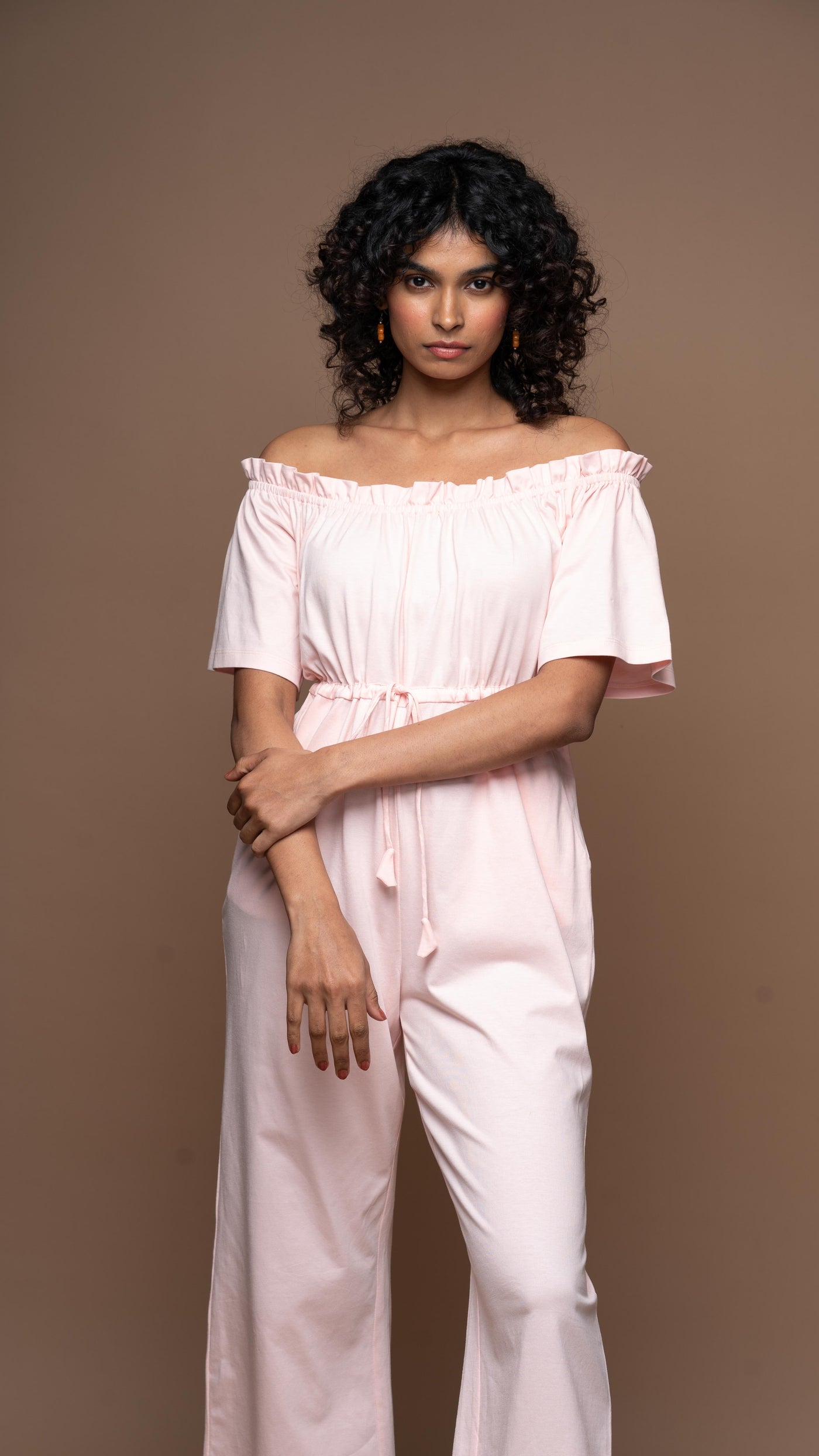 Off-Shoulder Charm Jumpsuit in Soft Pink