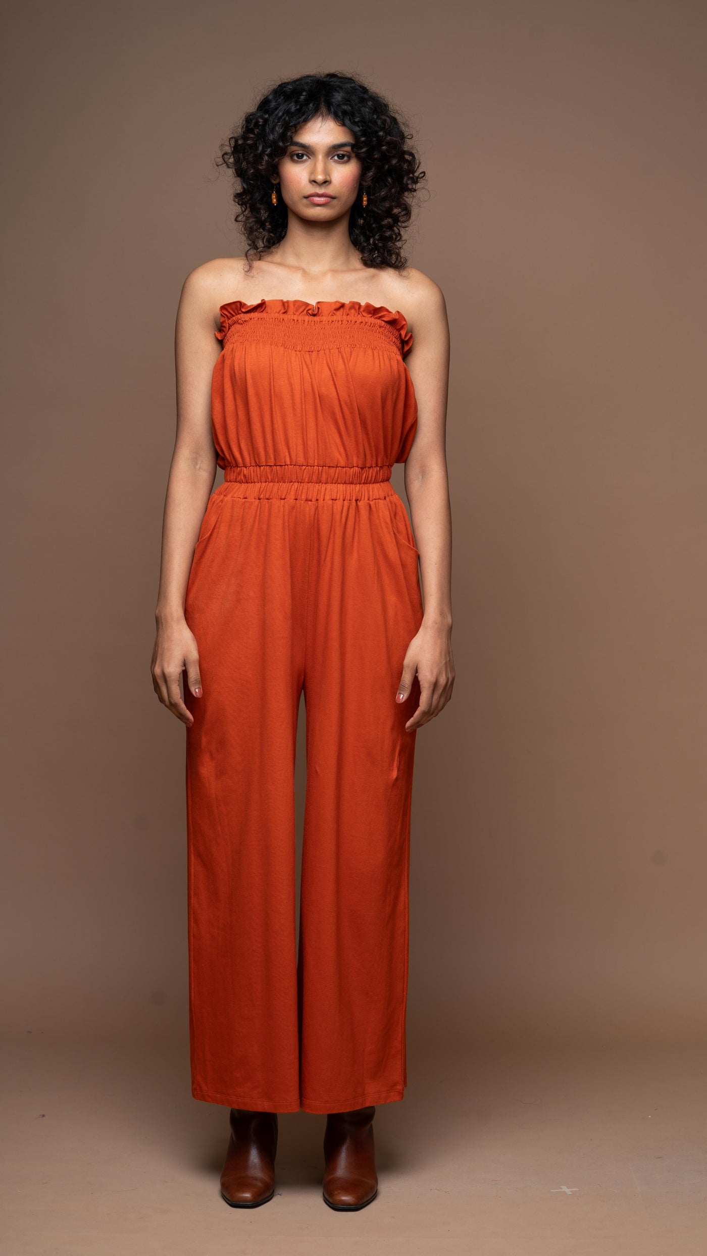 Bold Strapless Jumpsuit in Rust