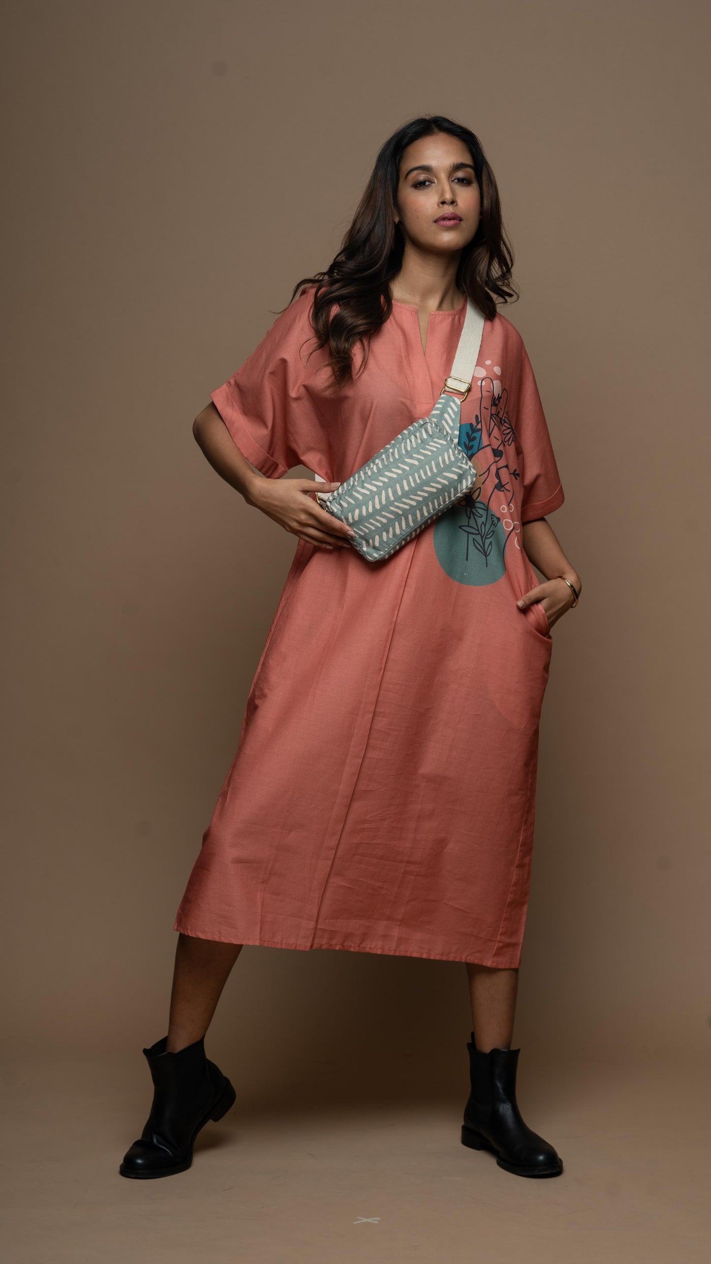 Subtle Coral Peace Messenger Shirt Dress