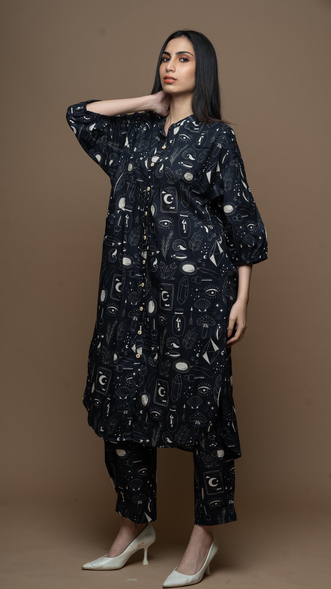 Black Solace Co-ord Kurta Set in Unlock Wonderland Pattern