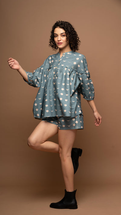 Muted Blue Tranquil Co-ord Shorts Set in I will be back Pattern