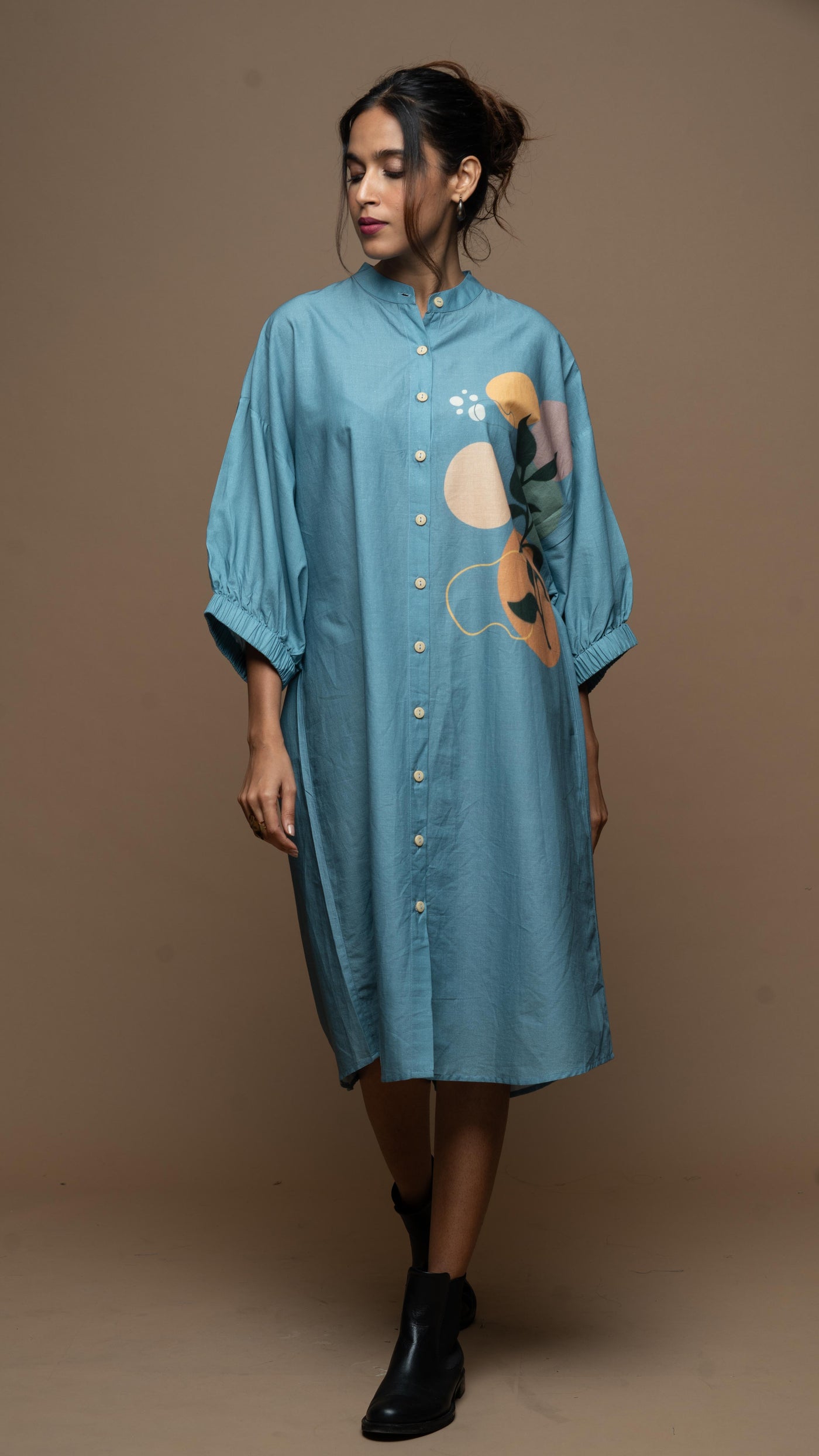 Dusky Blue Mystic Leaf Shirt Dress