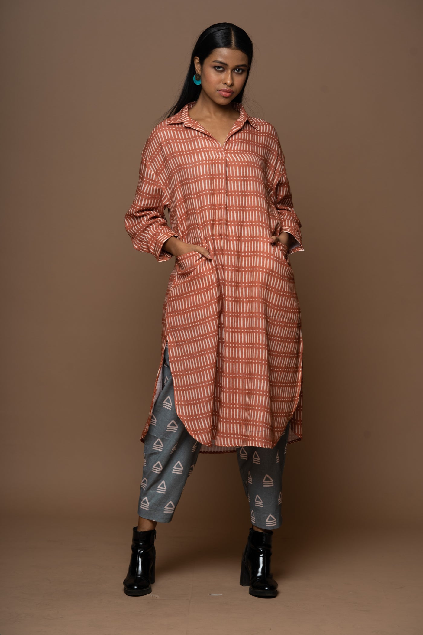 Terracotta Alma Kurta in Worlds Apart Pattern