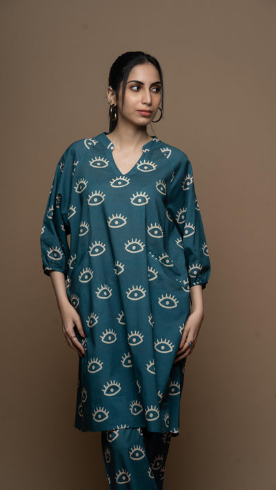 Muted Blue Saara Co-ord Kurta Set in See the Sea Pattern