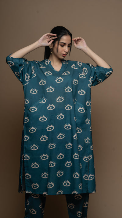 Muted Blue Saara Co-ord Kurta Set in See the Sea Pattern