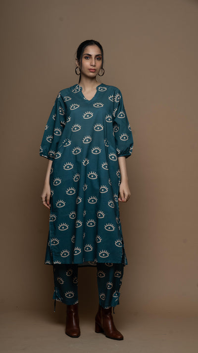 Muted Blue Saara Co-ord Kurta Set in See the Sea Pattern