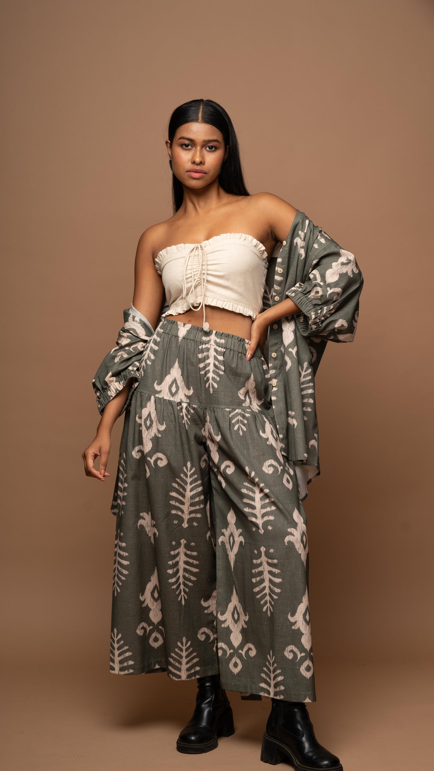 Olive Green Harmony Co-ord Pants Set in Bohemian Reflection Pattern